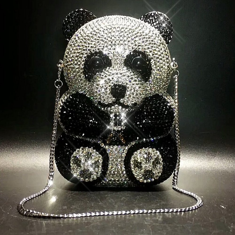 NEW Sparkling Bling Crystal Rhinestone Panda Bear Bag Clutch Purse +Gift - Picture 4 of 16